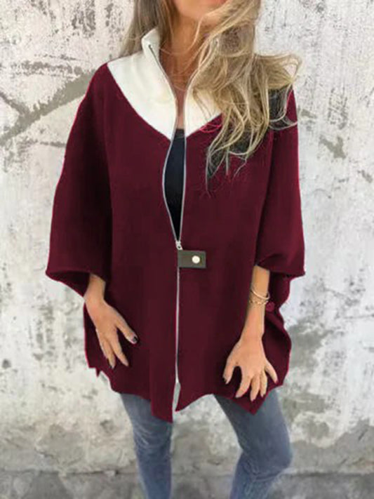 Blue Zone Planet | Autumn and Winter Casual Loose Zip Stand Collar Jacket-[Adult]-[Female]-Wine Red-S-2022 Online Blue Zone Planet