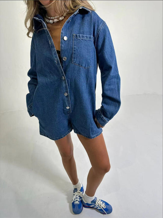 Blue Zone Planet |  New Women's Lapel Long Sleeve Shorts Denim Jumpsuit