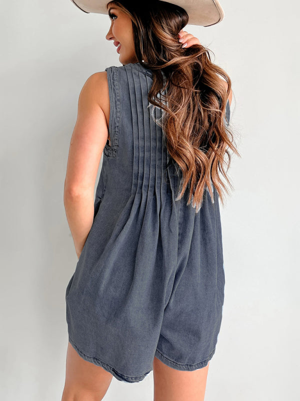 Blue Zone Planet | Street Sleeveless Short Sleeve Shorts Denim Jumpsuit-[Adult]-[Female]-2022 Online Blue Zone Planet