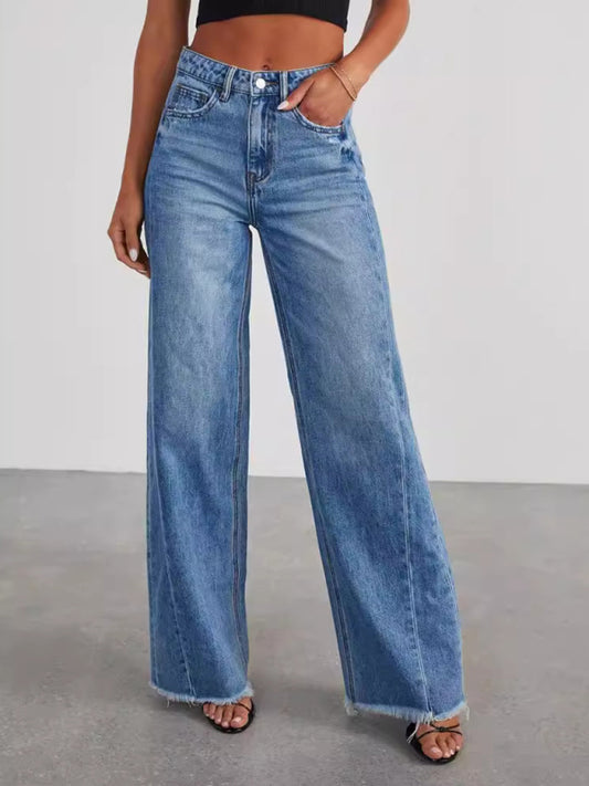 Blue Zone Planet |  Women's Loose Wide Leg Side Seam Paneled Frayed Hem Jeans