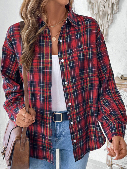 Women's Retro Casual Plaid Check Cardigan Shirt Jacket-[Adult]-[Female]-Red-M-2022 Online Blue Zone Planet