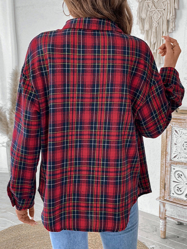 Women's Retro Casual Plaid Check Cardigan Shirt Jacket-[Adult]-[Female]-2022 Online Blue Zone Planet