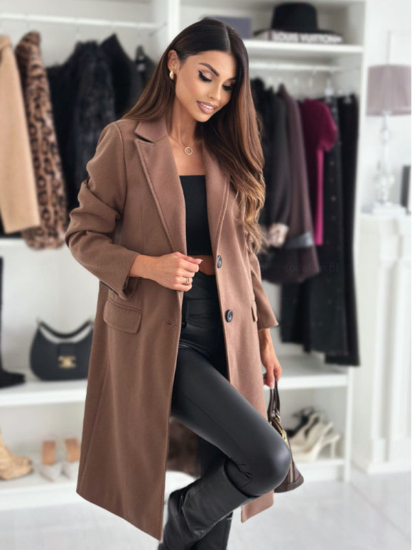 Autumn and winter simple long-sleeved solid color single-breasted jacket-[Adult]-[Female]-Coffee-S-2022 Online Blue Zone Planet