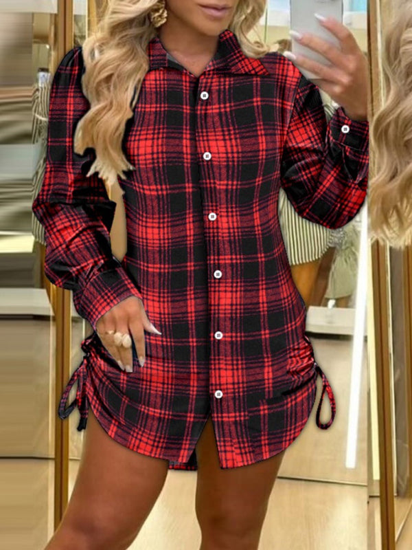 able plaid shirt dress with drawstrings on both sides-[Adult]-[Female]-2022 Online Blue Zone Planet