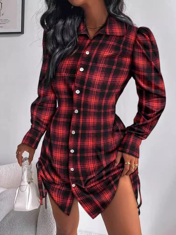 able plaid shirt dress with drawstrings on both sides-[Adult]-[Female]-2022 Online Blue Zone Planet