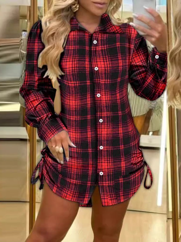 able plaid shirt dress with drawstrings on both sides-[Adult]-[Female]-2022 Online Blue Zone Planet