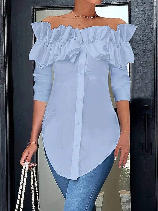 Simple solid color one-shoulder ruffled shirt top-[Adult]-[Female]-White-S-2022 Online Blue Zone Planet