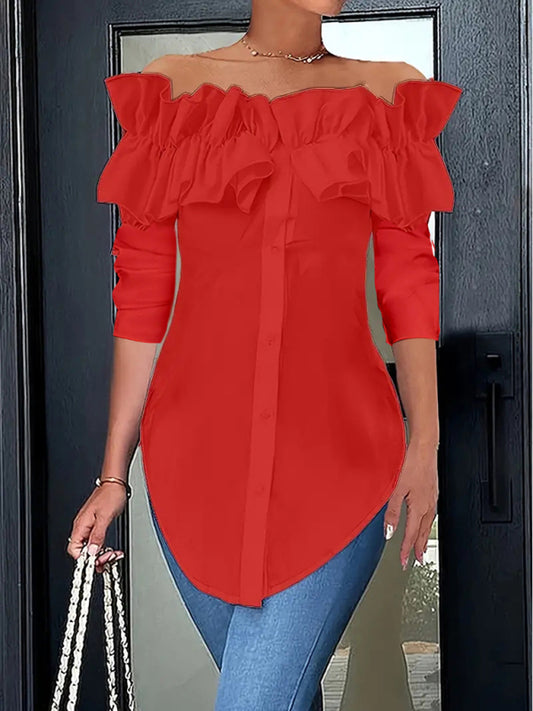 Simple solid color one-shoulder ruffled shirt top-[Adult]-[Female]-Red-S-2022 Online Blue Zone Planet