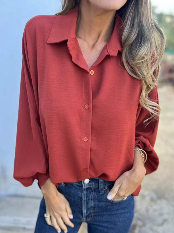 Blue Zone Planet | Ladies Lapel Button-Down Shirt Tops-[Adult]-[Female]-Brick red-S-2022 Online Blue Zone Planet