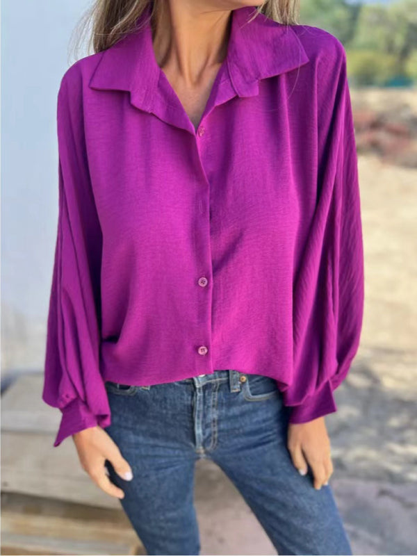 Blue Zone Planet | Ladies Lapel Button-Down Shirt Tops-[Adult]-[Female]-Purple-S-2022 Online Blue Zone Planet