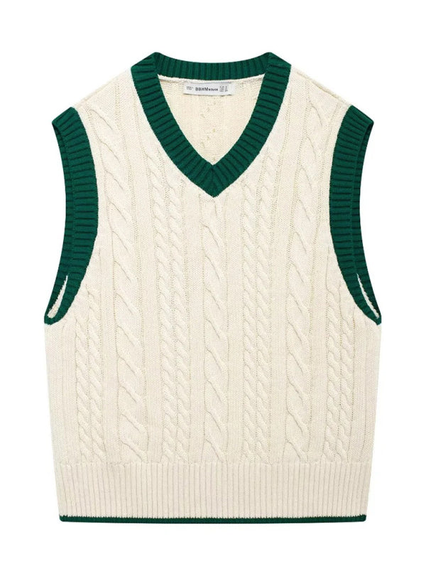 Isabella's Contrast Cable-Knit Vest Sweater-TOPS / DRESSES-[Adult]-[Female]-2022 Online Blue Zone Planet