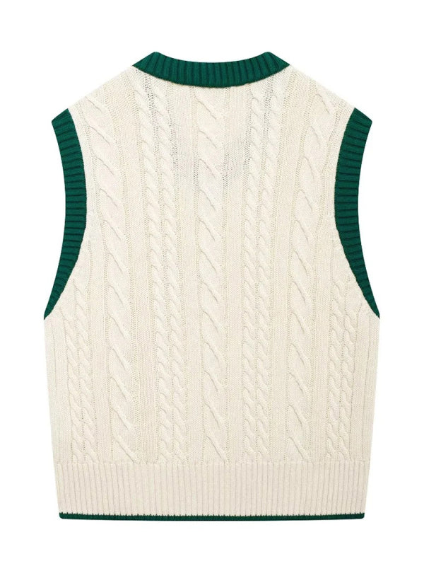 Isabella's Contrast Cable-Knit Vest Sweater-TOPS / DRESSES-[Adult]-[Female]-2022 Online Blue Zone Planet