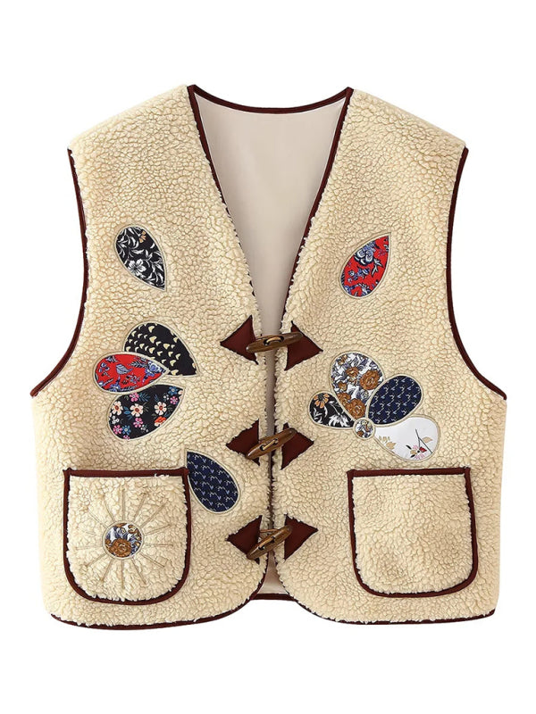 Lambswool vest with appliqué embroidery-[Adult]-[Female]-2022 Online Blue Zone Planet