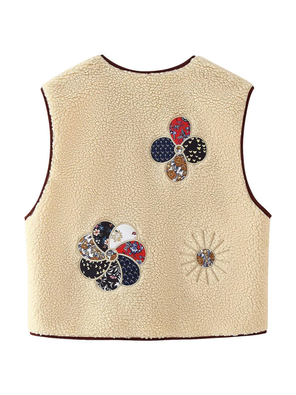 Lambswool vest with appliqué embroidery-[Adult]-[Female]-2022 Online Blue Zone Planet