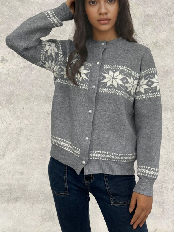 Snowflake Christmas Cardigan Sweater Single Breasted Jacket-[Adult]-[Female]-Grey-F-2022 Online Blue Zone Planet