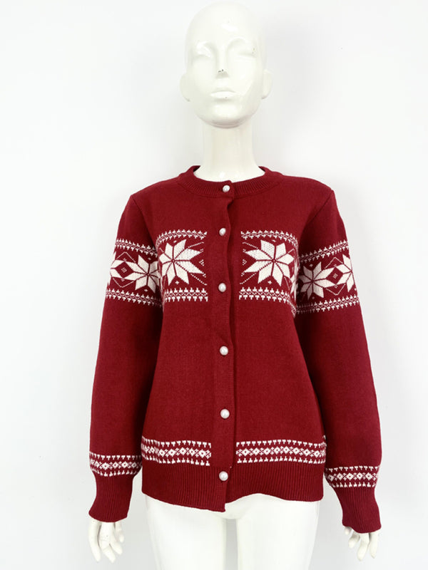 Snowflake Christmas Cardigan Sweater Single Breasted Jacket-[Adult]-[Female]-2022 Online Blue Zone Planet