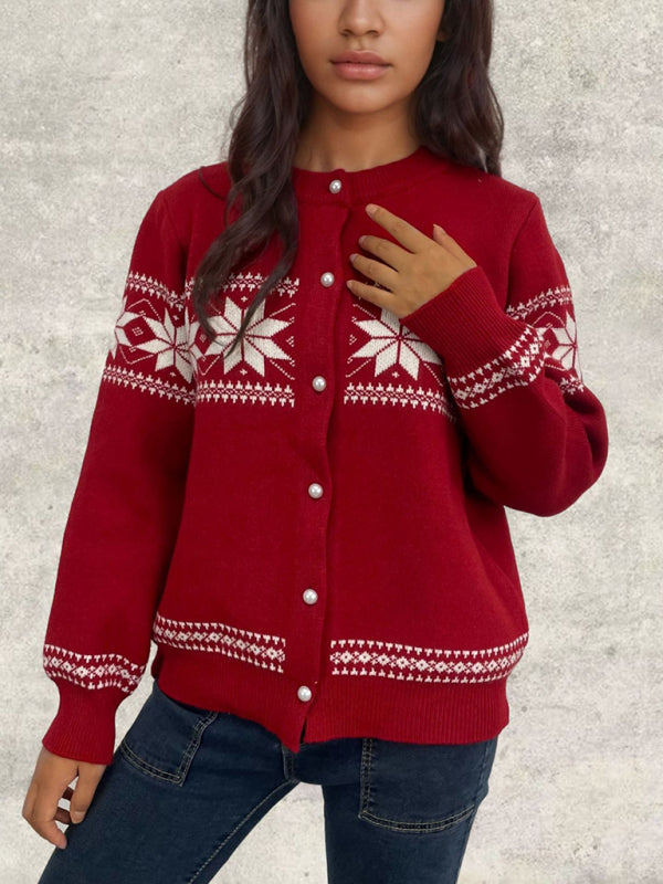 Snowflake Christmas Cardigan Sweater Single Breasted Jacket-[Adult]-[Female]-2022 Online Blue Zone Planet