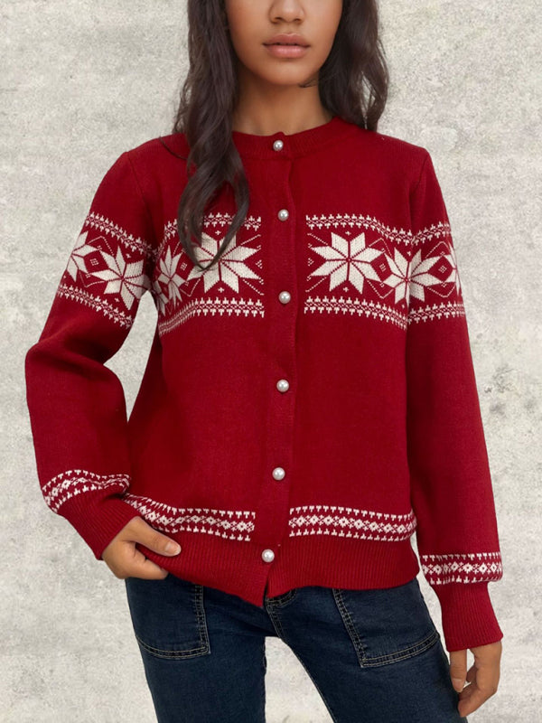 Snowflake Christmas Cardigan Sweater Single Breasted Jacket-[Adult]-[Female]-Red-F-2022 Online Blue Zone Planet