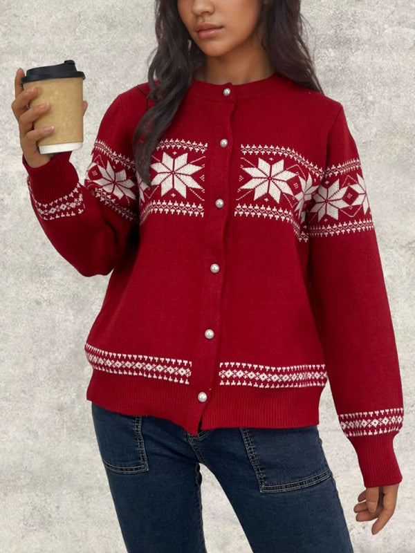 Snowflake Christmas Cardigan Sweater Single Breasted Jacket-[Adult]-[Female]-2022 Online Blue Zone Planet