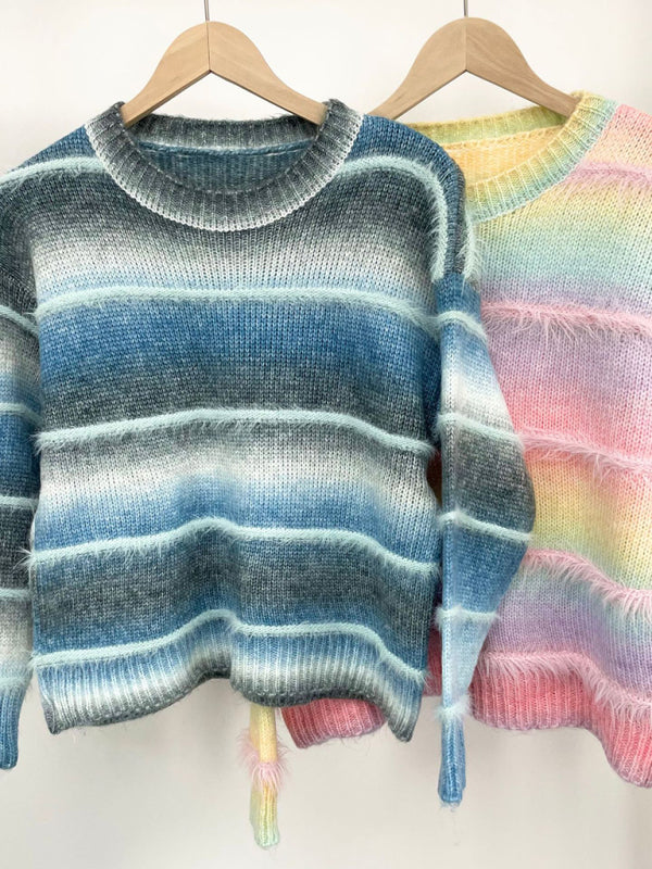 Vintage Rainbow Top Gradient Contrast Stripe Mohair Pullover Knit Sweater-[Adult]-[Female]-2022 Online Blue Zone Planet