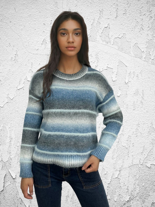 Vintage Rainbow Top Gradient Contrast Stripe Mohair Pullover Knit Sweater-[Adult]-[Female]-2022 Online Blue Zone Planet