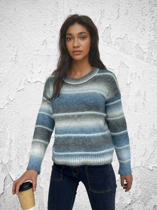 Vintage Rainbow Top Gradient Contrast Stripe Mohair Pullover Knit Sweater-[Adult]-[Female]-2022 Online Blue Zone Planet