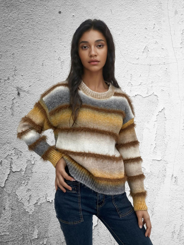 Vintage Rainbow Top Gradient Contrast Stripe Mohair Pullover Knit Sweater-[Adult]-[Female]-Brown-F-2022 Online Blue Zone Planet