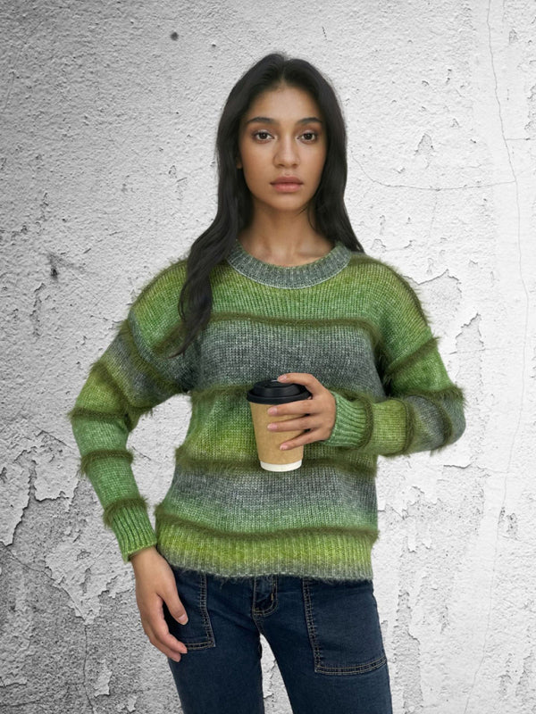 Vintage Rainbow Top Gradient Contrast Stripe Mohair Pullover Knit Sweater-[Adult]-[Female]-2022 Online Blue Zone Planet