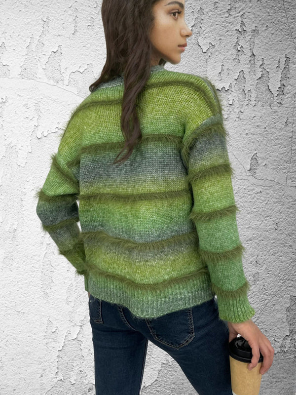 Vintage Rainbow Top Gradient Contrast Stripe Mohair Pullover Knit Sweater-[Adult]-[Female]-2022 Online Blue Zone Planet