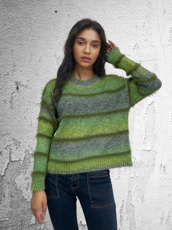 Vintage Rainbow Top Gradient Contrast Stripe Mohair Pullover Knit Sweater-[Adult]-[Female]-2022 Online Blue Zone Planet