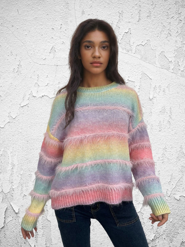 Vintage Rainbow Top Gradient Contrast Stripe Mohair Pullover Knit Sweater-[Adult]-[Female]-Pink-F-2022 Online Blue Zone Planet