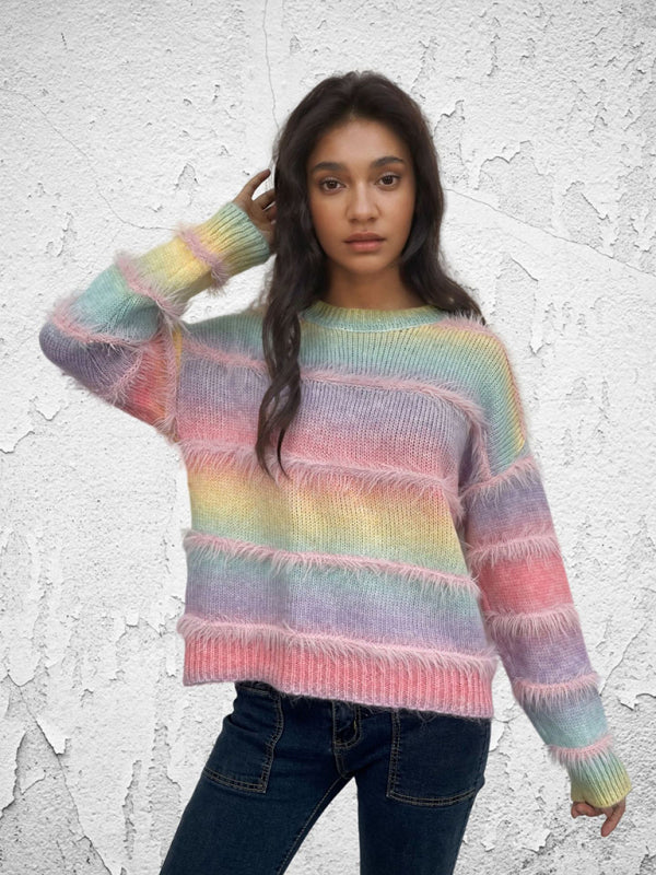 Vintage Rainbow Top Gradient Contrast Stripe Mohair Pullover Knit Sweater-[Adult]-[Female]-2022 Online Blue Zone Planet