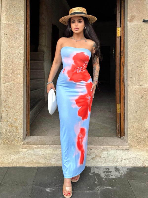 silk tube dress DIVAWALK Women Floral Print Bodycon Dress For Women (Blue, L)