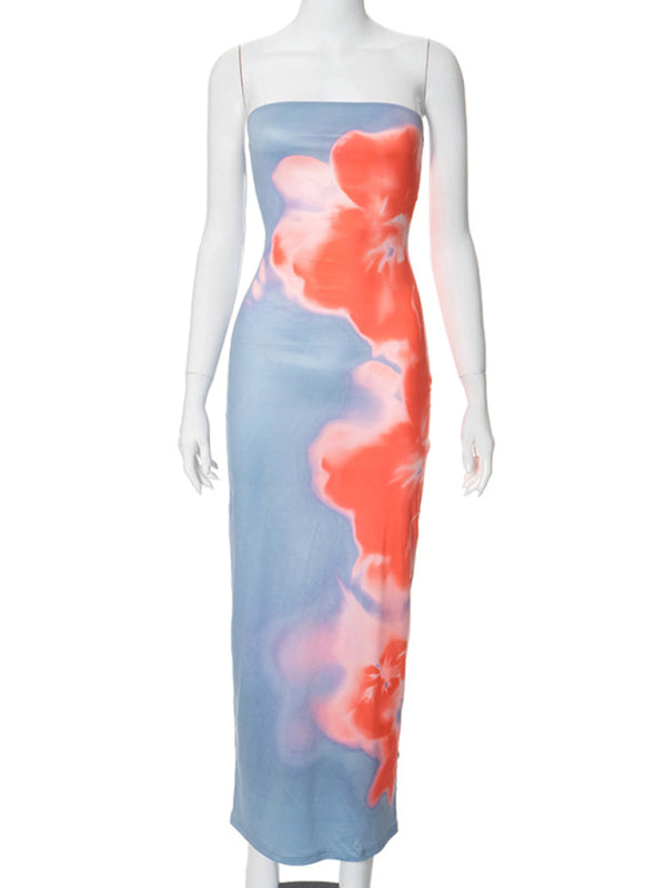 Contrast Print Bodycon Tube Dress with Slits-[Adult]-[Female]-2022 Online Blue Zone Planet