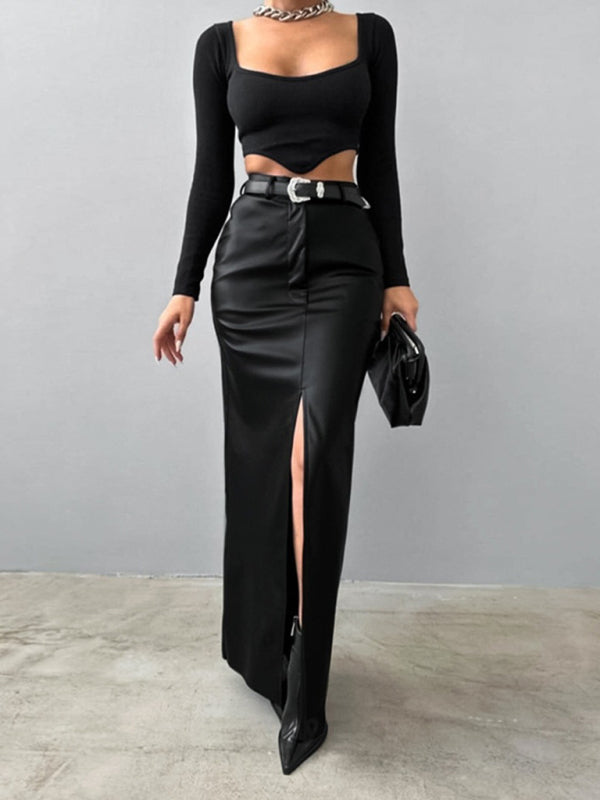 Women's Slit Solid Color High Waist Simple Leather Slim Skirt-[Adult]-[Female]-Black-S-2022 Online Blue Zone Planet