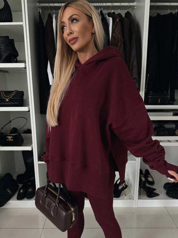 Women's casual loose solid color hooded sweatshirt suit-[Adult]-[Female]-Wine Red-S-2022 Online Blue Zone Planet