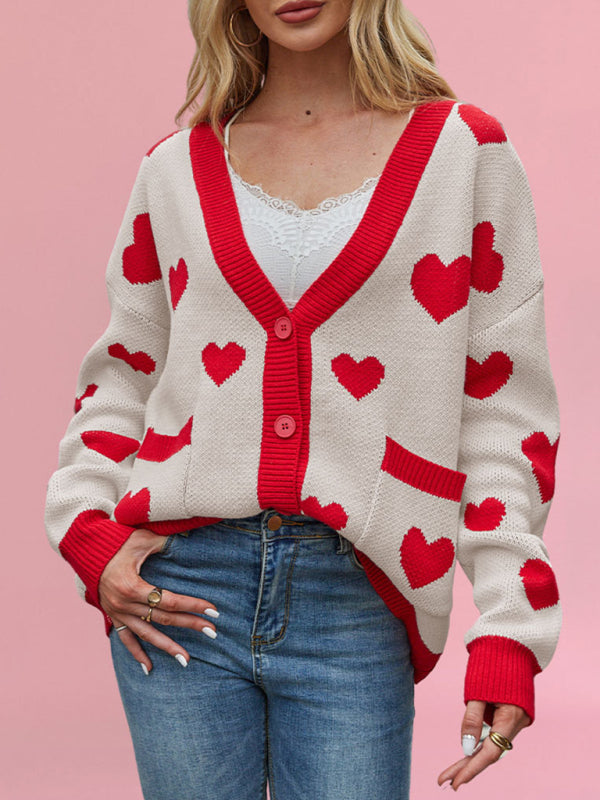 Blue Zone Planet | Valentine's Day Heart Peach Cardigan Pocket V-neck Knitted Jacket-[Adult]-[Female]-Cracker khaki-S-2022 Online Blue Zone Planet