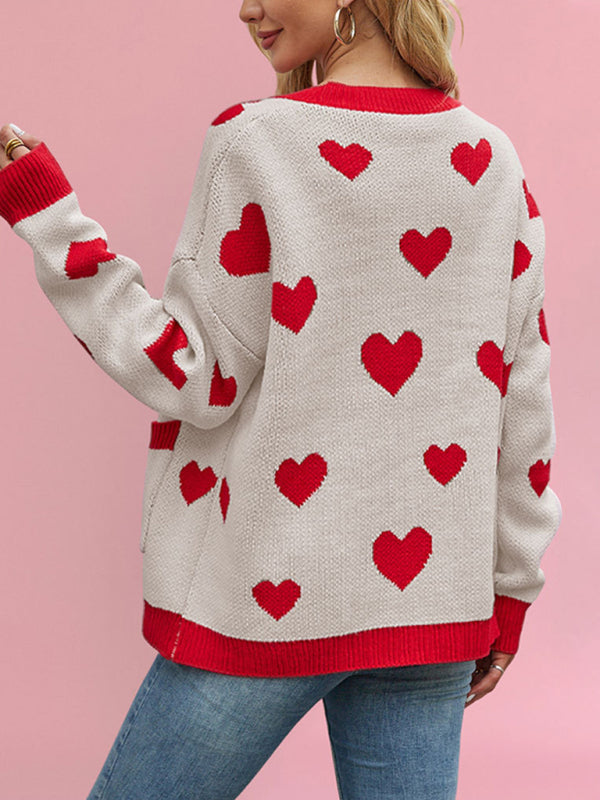 Blue Zone Planet | Valentine's Day Heart Peach Cardigan Pocket V-neck Knitted Jacket-[Adult]-[Female]-2022 Online Blue Zone Planet