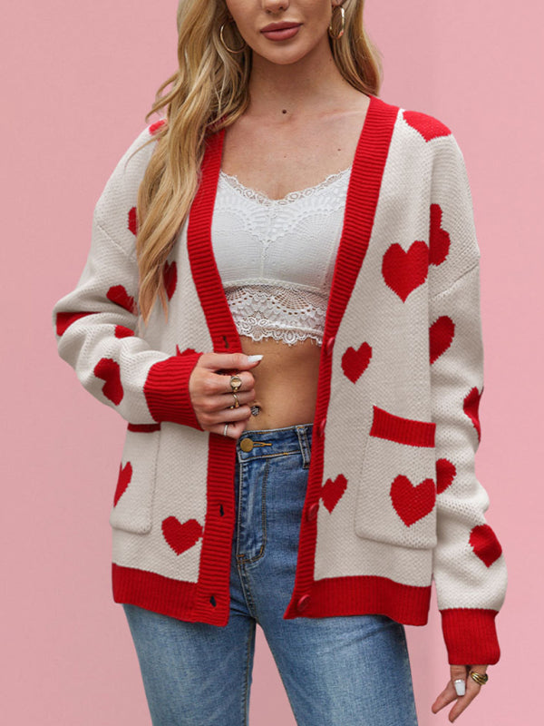 Blue Zone Planet | Valentine's Day Heart Peach Cardigan Pocket V-neck Knitted Jacket-[Adult]-[Female]-2022 Online Blue Zone Planet