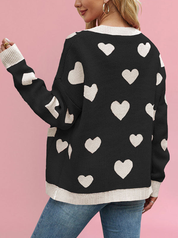 Blue Zone Planet | Valentine's Day Heart Peach Cardigan Pocket V-neck Knitted Jacket-[Adult]-[Female]-2022 Online Blue Zone Planet