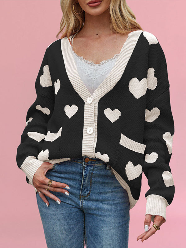 Blue Zone Planet | Valentine's Day Heart Peach Cardigan Pocket V-neck Knitted Jacket-[Adult]-[Female]-Black-S-2022 Online Blue Zone Planet