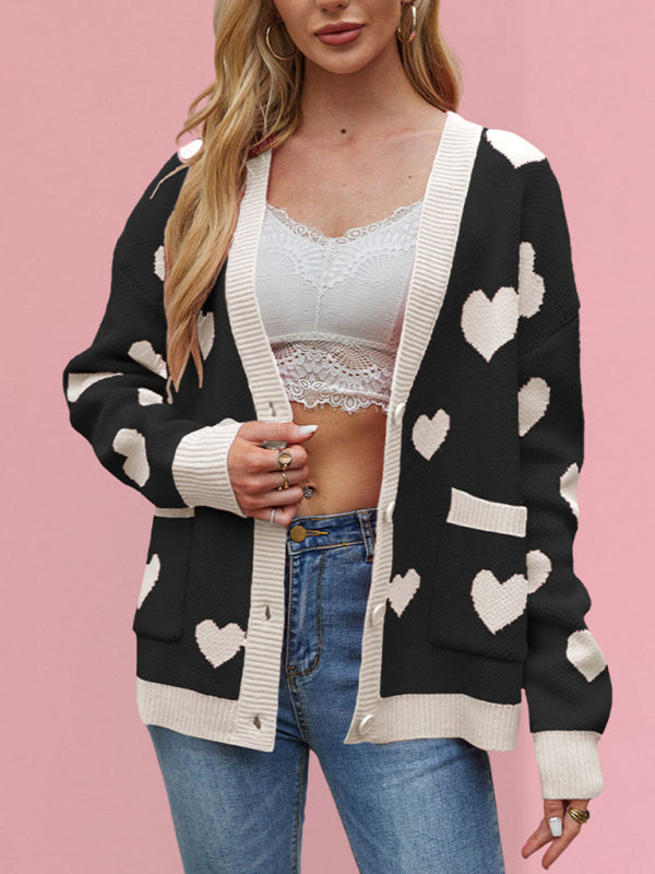 Blue Zone Planet | Valentine's Day Heart Peach Cardigan Pocket V-neck Knitted Jacket-[Adult]-[Female]-2022 Online Blue Zone Planet