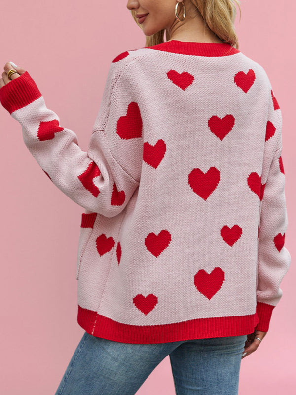 Blue Zone Planet | Valentine's Day Heart Peach Cardigan Pocket V-neck Knitted Jacket-[Adult]-[Female]-2022 Online Blue Zone Planet