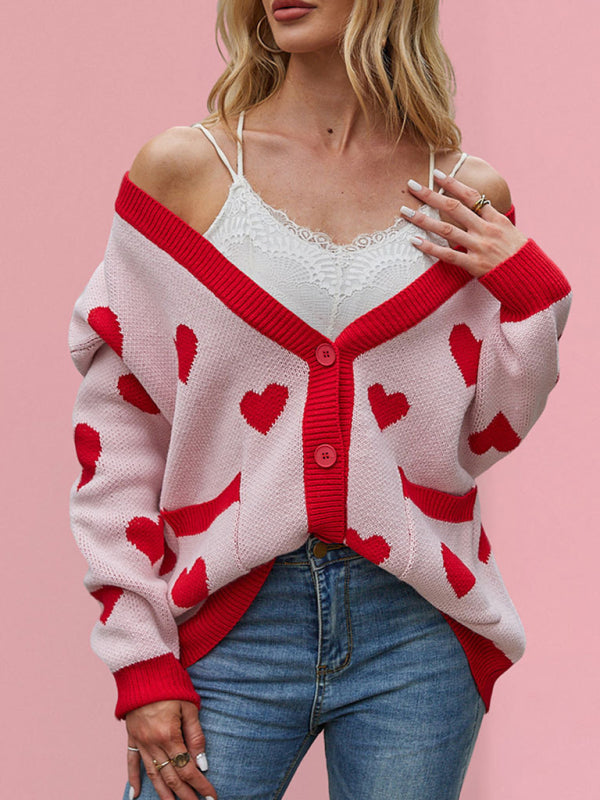 Blue Zone Planet | Valentine's Day Heart Peach Cardigan Pocket V-neck Knitted Jacket-[Adult]-[Female]-2022 Online Blue Zone Planet