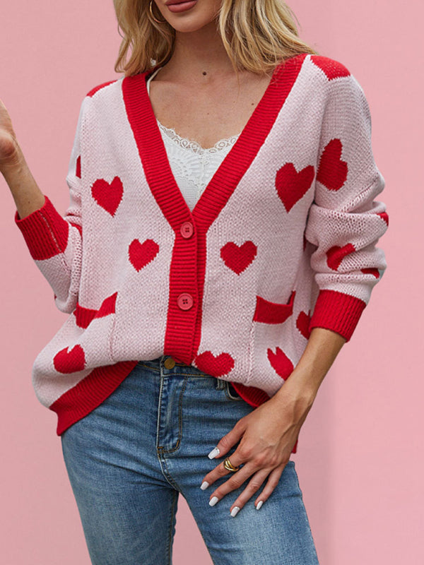 Blue Zone Planet | Valentine's Day Heart Peach Cardigan Pocket V-neck Knitted Jacket-[Adult]-[Female]-Pink-S-2022 Online Blue Zone Planet