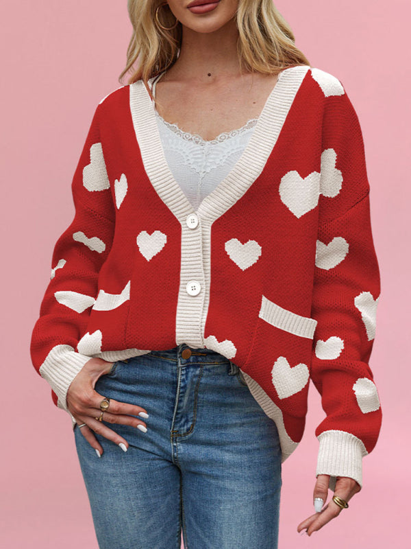 Blue Zone Planet | Valentine's Day Heart Peach Cardigan Pocket V-neck Knitted Jacket-[Adult]-[Female]-Red-S-2022 Online Blue Zone Planet