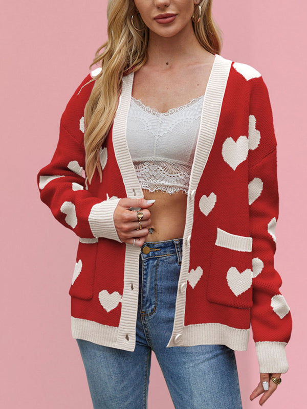 Blue Zone Planet | Valentine's Day Heart Peach Cardigan Pocket V-neck Knitted Jacket-[Adult]-[Female]-2022 Online Blue Zone Planet