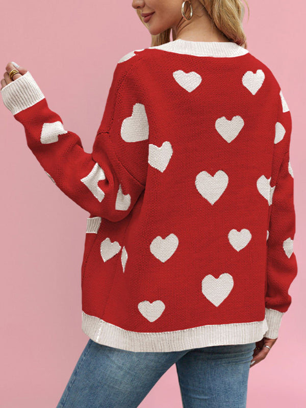 Blue Zone Planet | Valentine's Day Heart Peach Cardigan Pocket V-neck Knitted Jacket-[Adult]-[Female]-2022 Online Blue Zone Planet