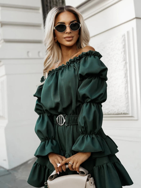 One-shoulder ruffled waist solid color long-sleeved tie dress