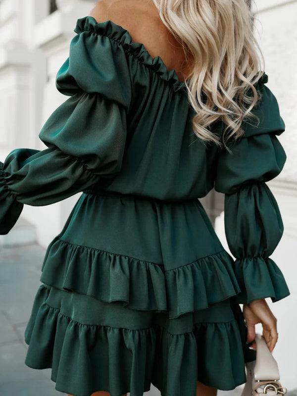 One-shoulder ruffled waist solid color long-sleeved tie dress